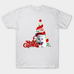 Cute White Cat in Santa Hat with Christmas Tree ,Brafdesign T-Shirt